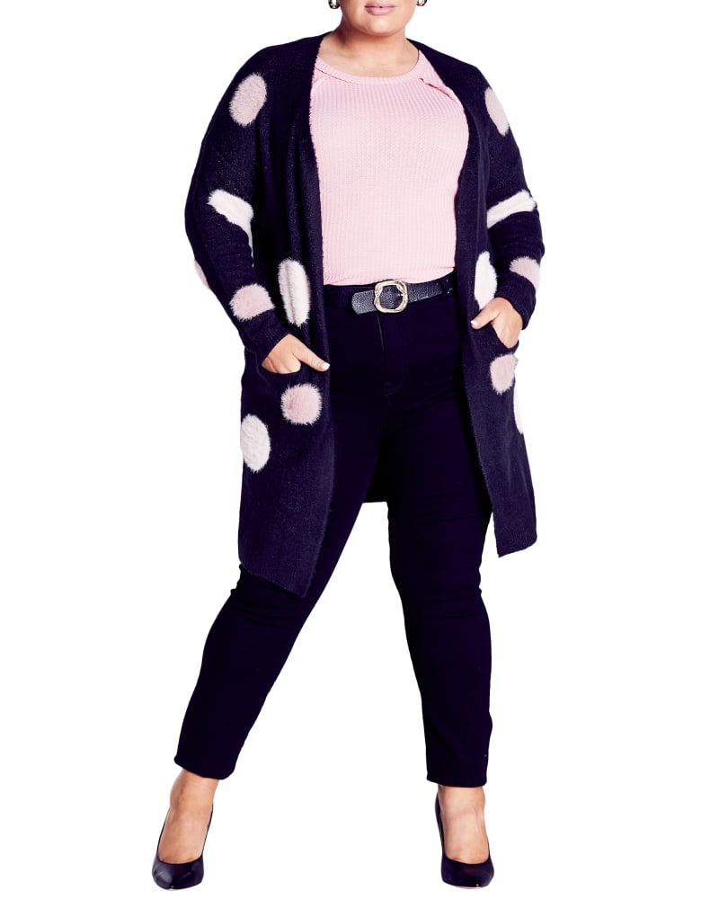 Front of a model wearing a size 18 CARDI DONATELLA in Charcoal Marle by Evans. | dia_product_style_image_id:302936